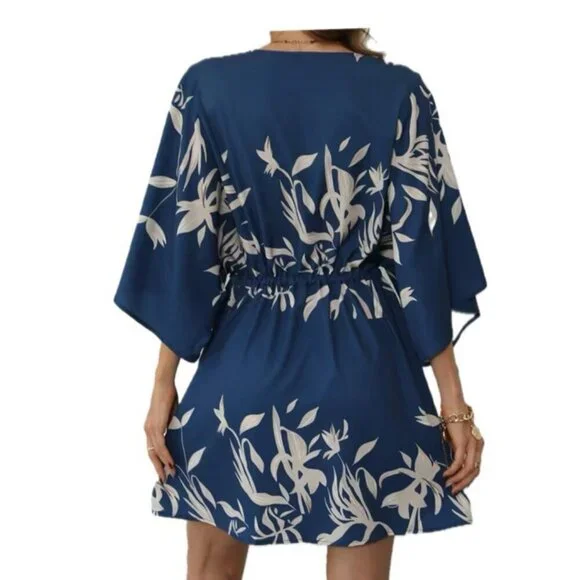 CUPSHE DRESS OVERSIZED SZ M FLARED SLEEVES NAVY BLUE TAN BEACHY CHIC SUMMER - Picture 2 of 16